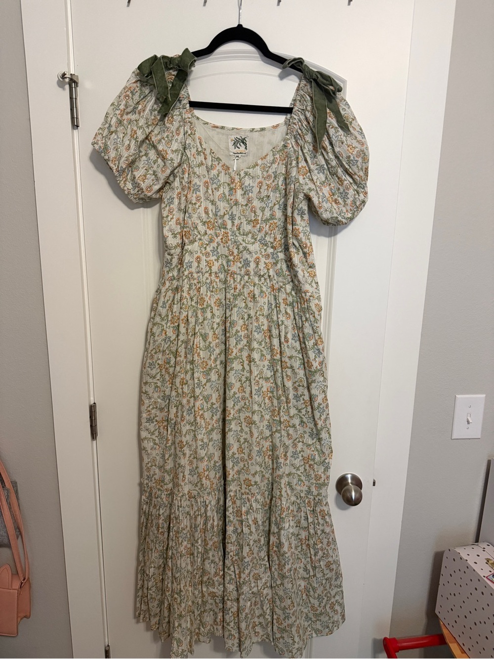 Cream Floral Maxi Dress with Green Tie Straps